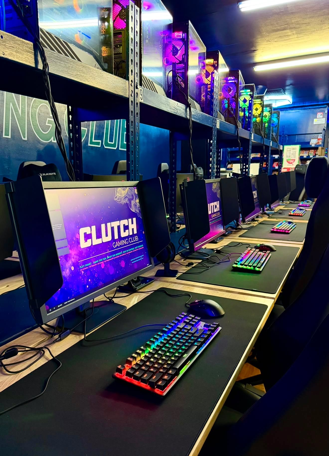 Long row of Clutch Gaming Club PC stations
