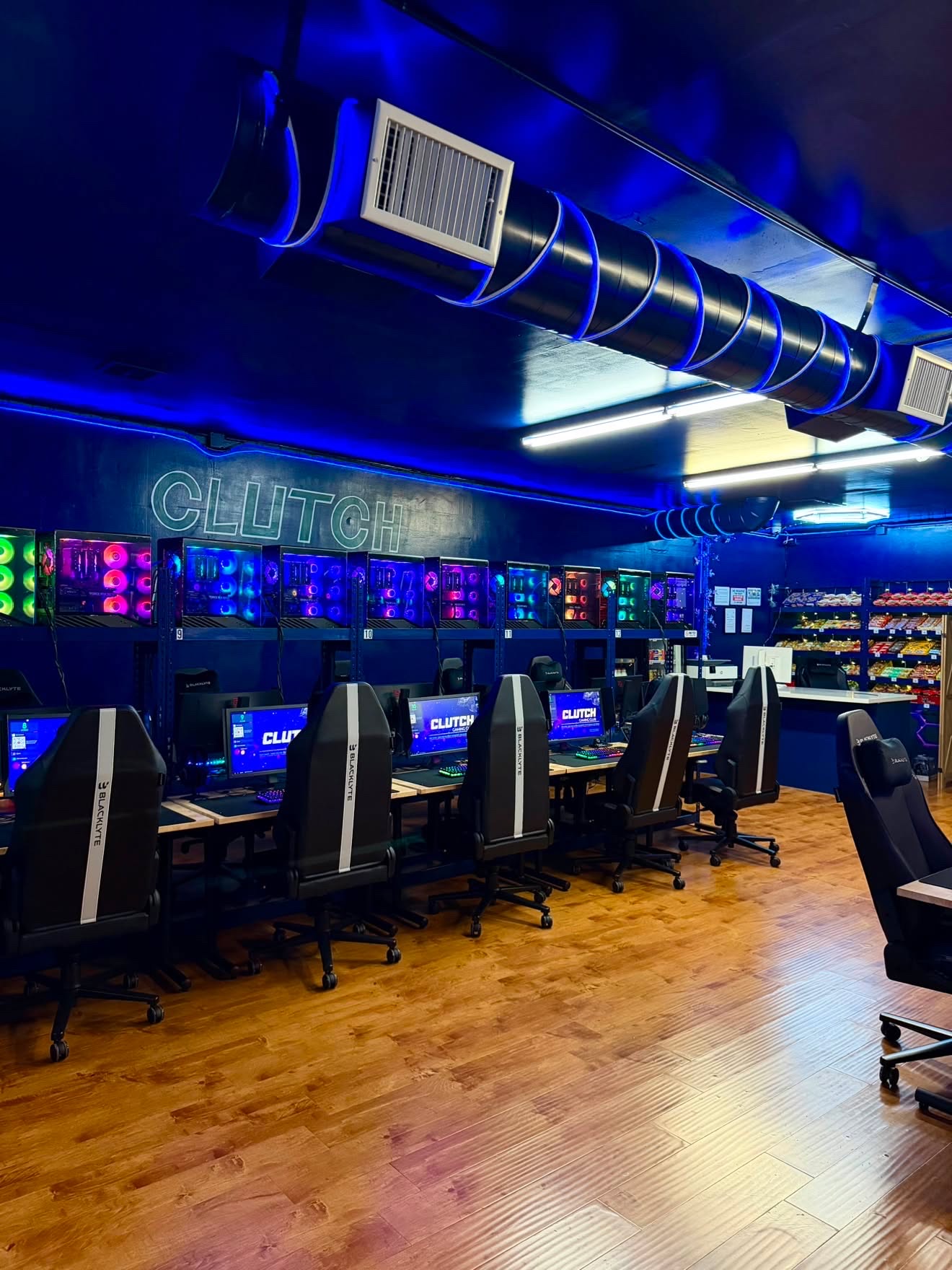Wide view of the Clutch Gaming Club PC arena