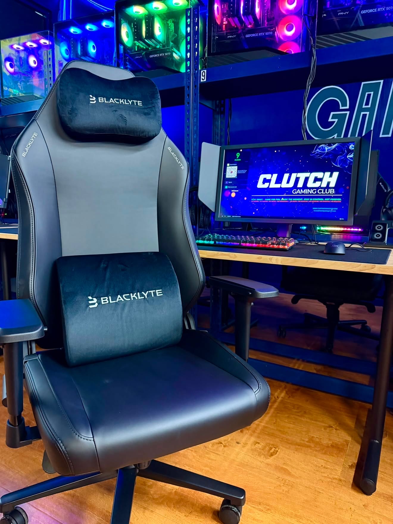 Blacklyte chair and RTX 5070 gaming setup